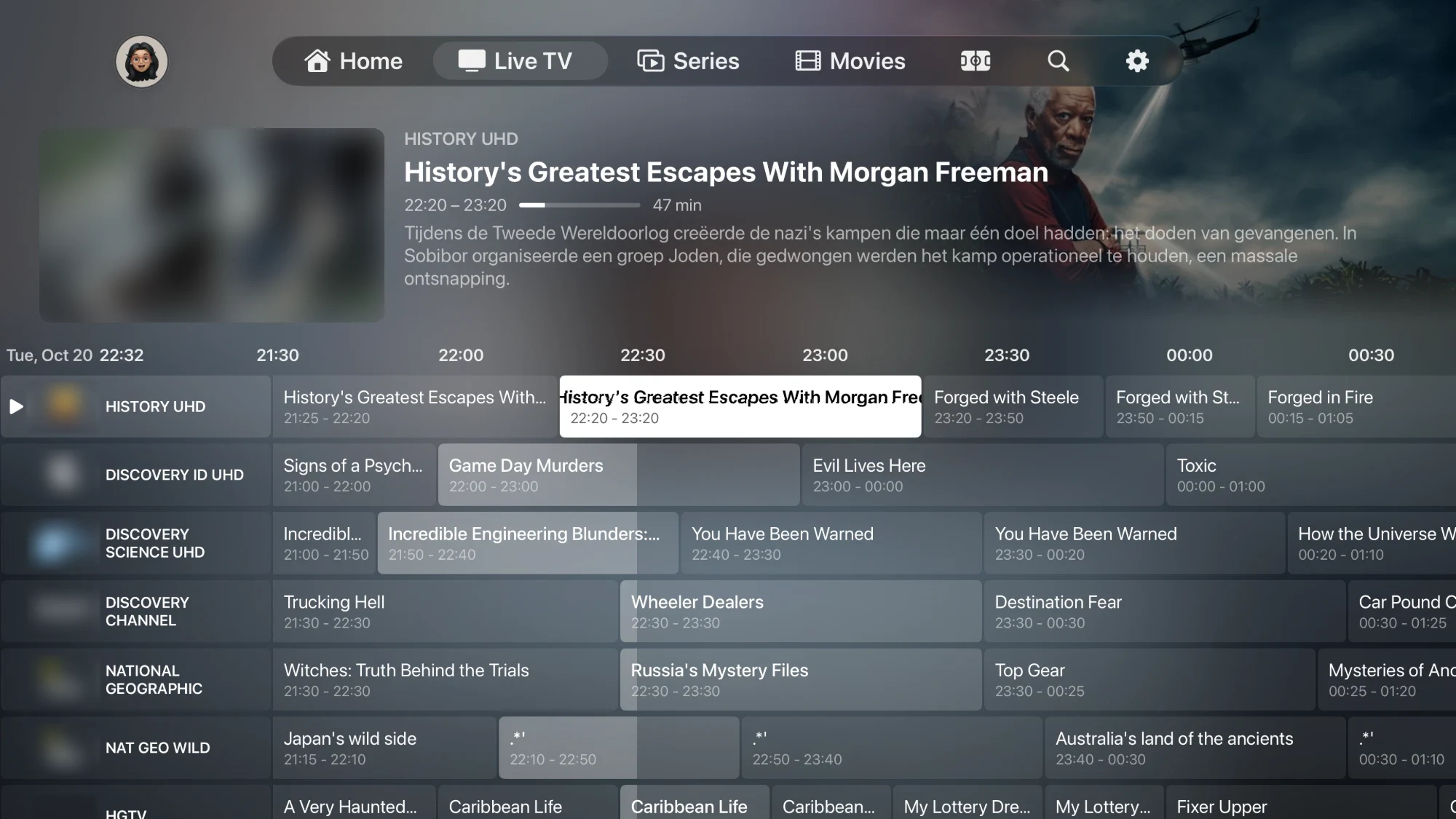 The NowSeen TV guide on Apple TV: a live preview of the selected channel above a timeline of programmes across every channel.